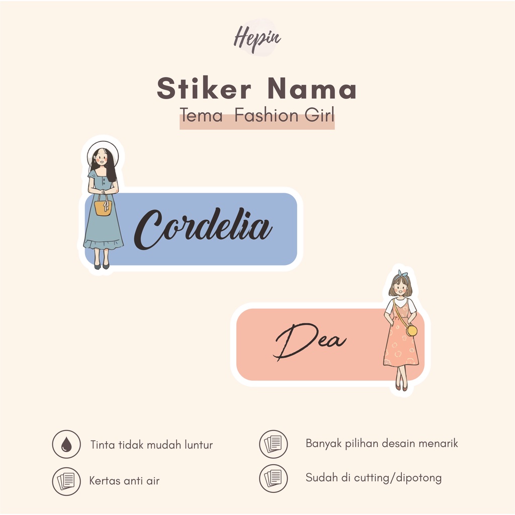 

(90 - 120 pcs) stiker nama lucu tema FASHION GIRL/stiker nama waterproff(anti air)