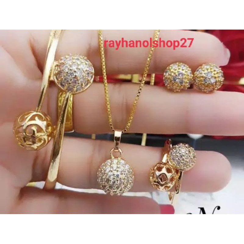 Set perhiasan titanium wanita Dewasa lengkap lapis emas gold motif bulat-permata full