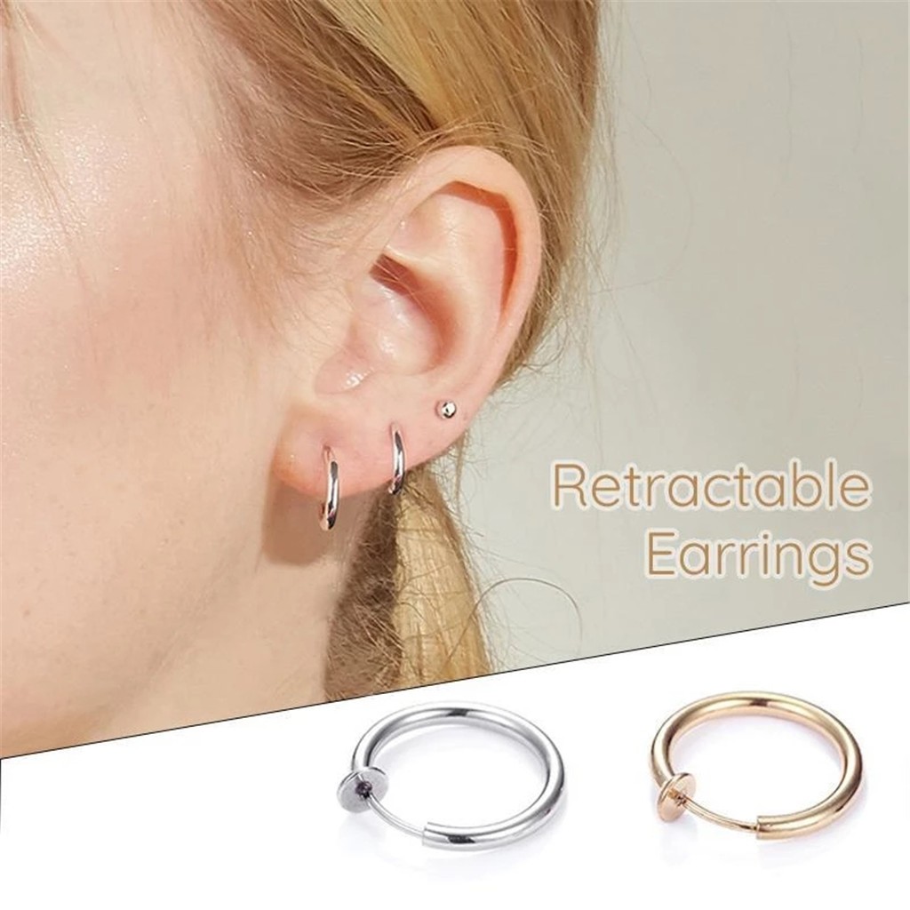 1pair Retractable Earrings No Need Piercing Unisex Classic Hip-hop Hoop Earrings