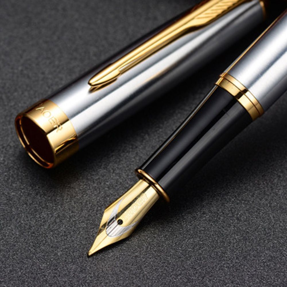 ELEGANT Classic Fountain Pen Medium Trim M Writing Supplies Silver Stainless Steel Business Golden Nib/Multicolor