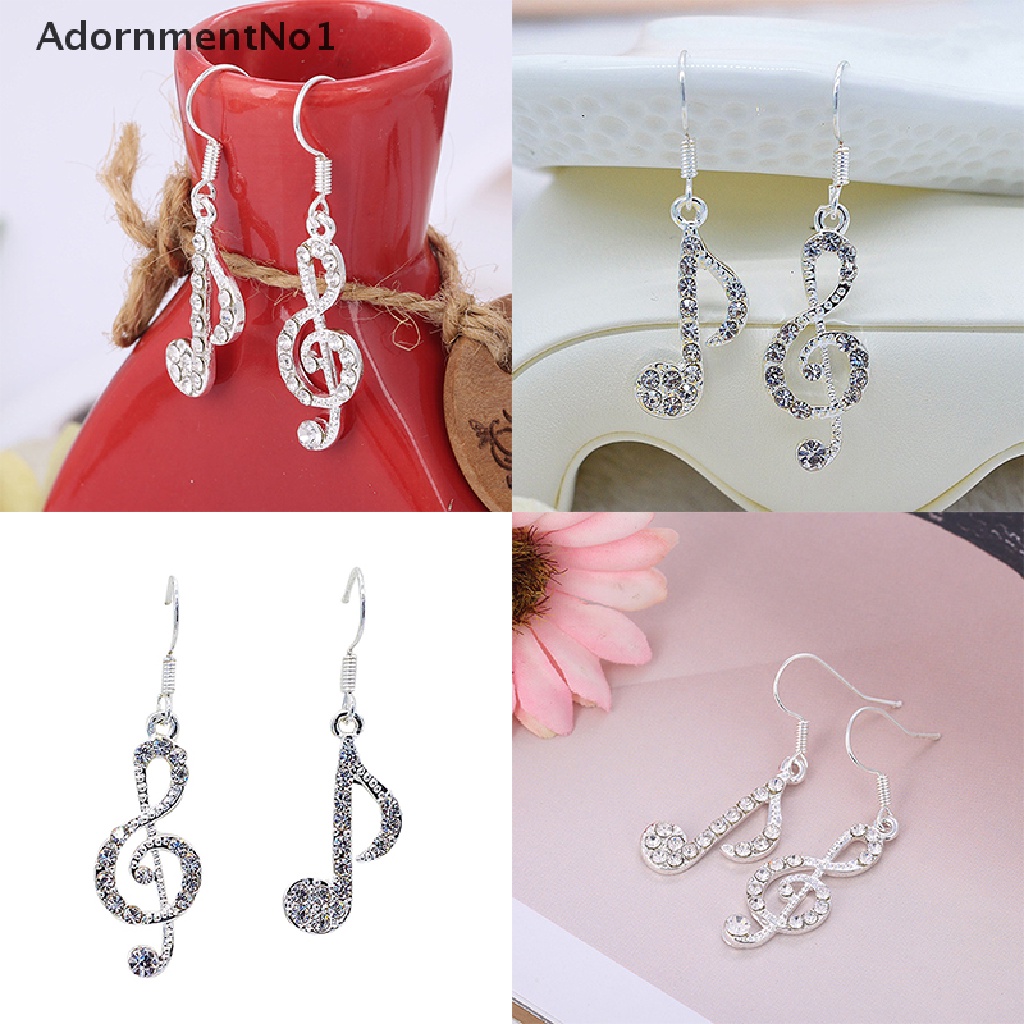 (AdornmentNo1) Anting Tusuk Gantung Wanita Desain Not Musik Hias Kristal Transparan Untuk Pesta