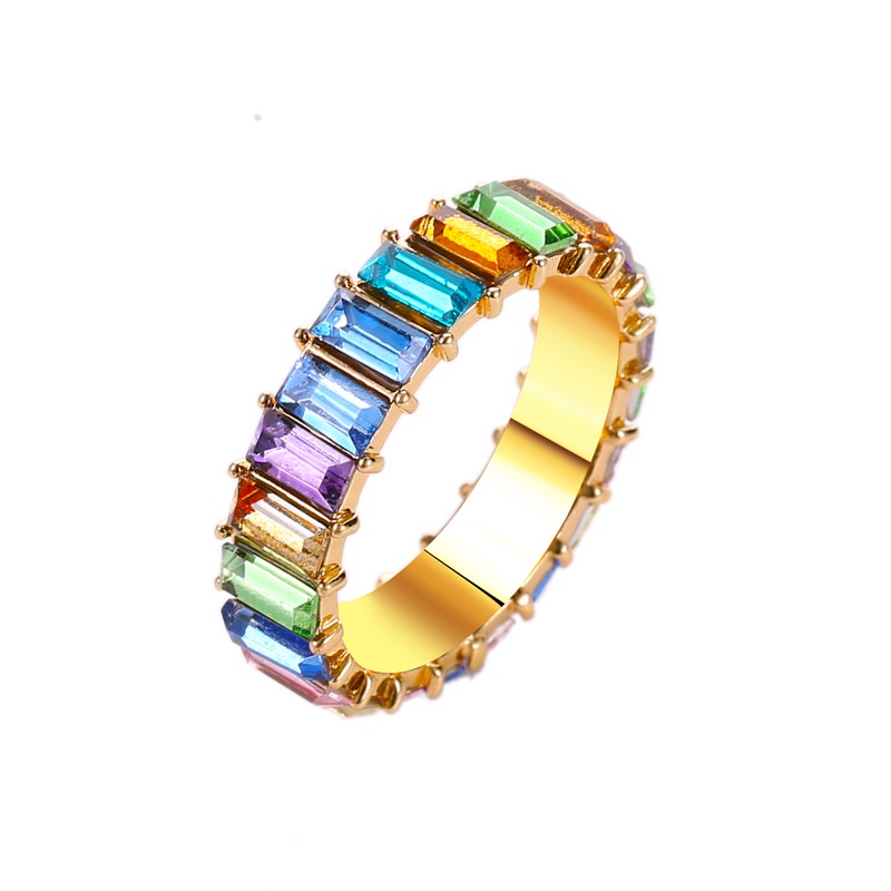 Cincin Kristal Berlian Bentuk Persegi Geometris Warna-Warni