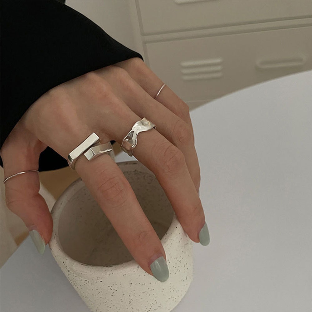 Cincin Jari Telunjuk Model Terbuka Dapat Disesuaikan Bentuk Persegi Geometris Gaya Korea Untuk Wanita