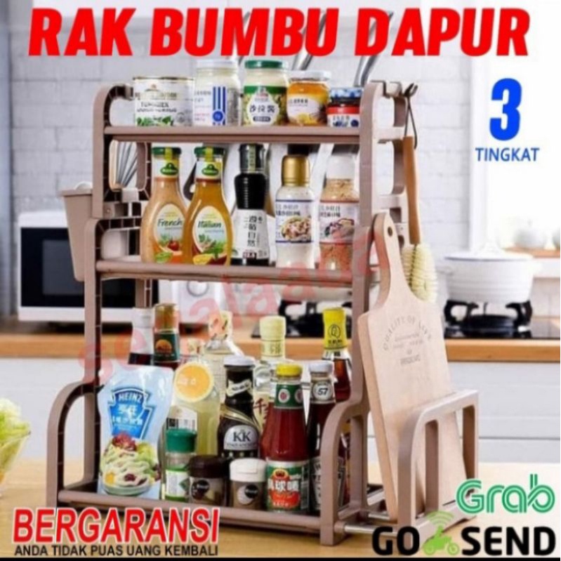 Rak dapur plastik || Rak bumbu 3 tingkat, gantungan dan sendok