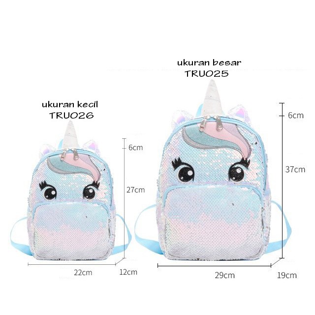 Tas Ransel Sequin Unicorn Besar TRU025 dan kecil TRU026 backpack reversible anak perempuan TK SD