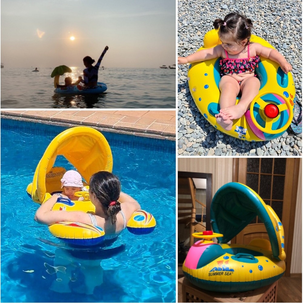 Pelampung Kolam Renang Bayi Toddler Ring Floating Inflatable with Canopy - TD1083A - Blue/Yellow