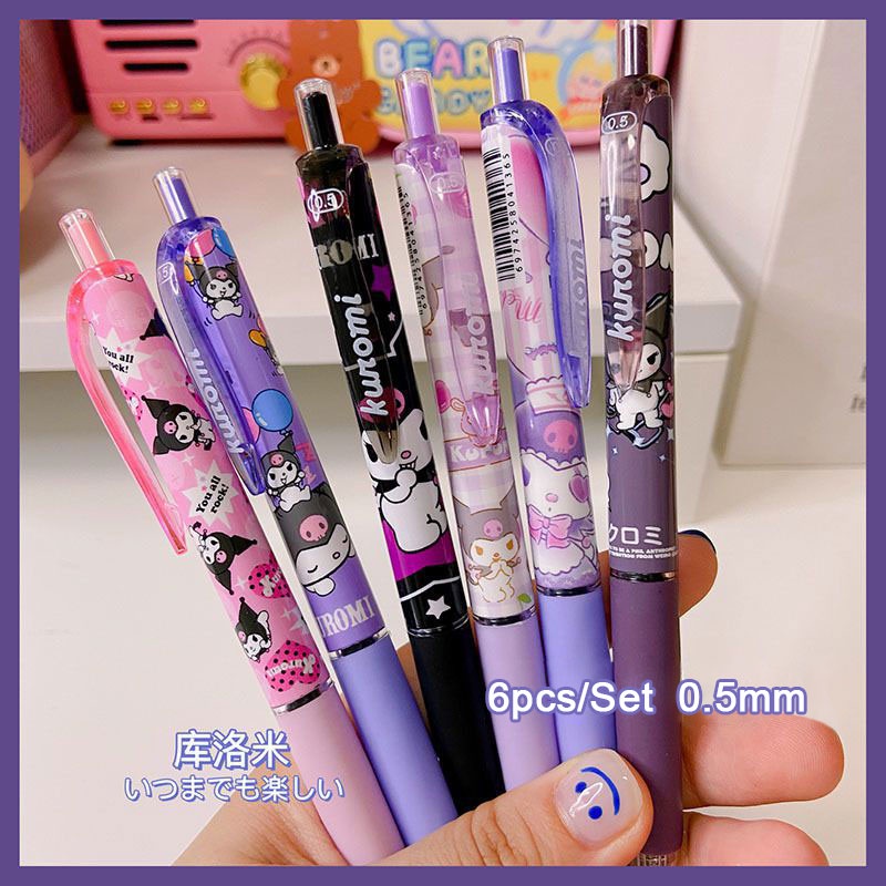 Kuromi 6pcs / Set Pulpen Gel 0.5mm Tinta Hitam Motif Kartun Lucu Untuk Stationery Pelajar Wanita