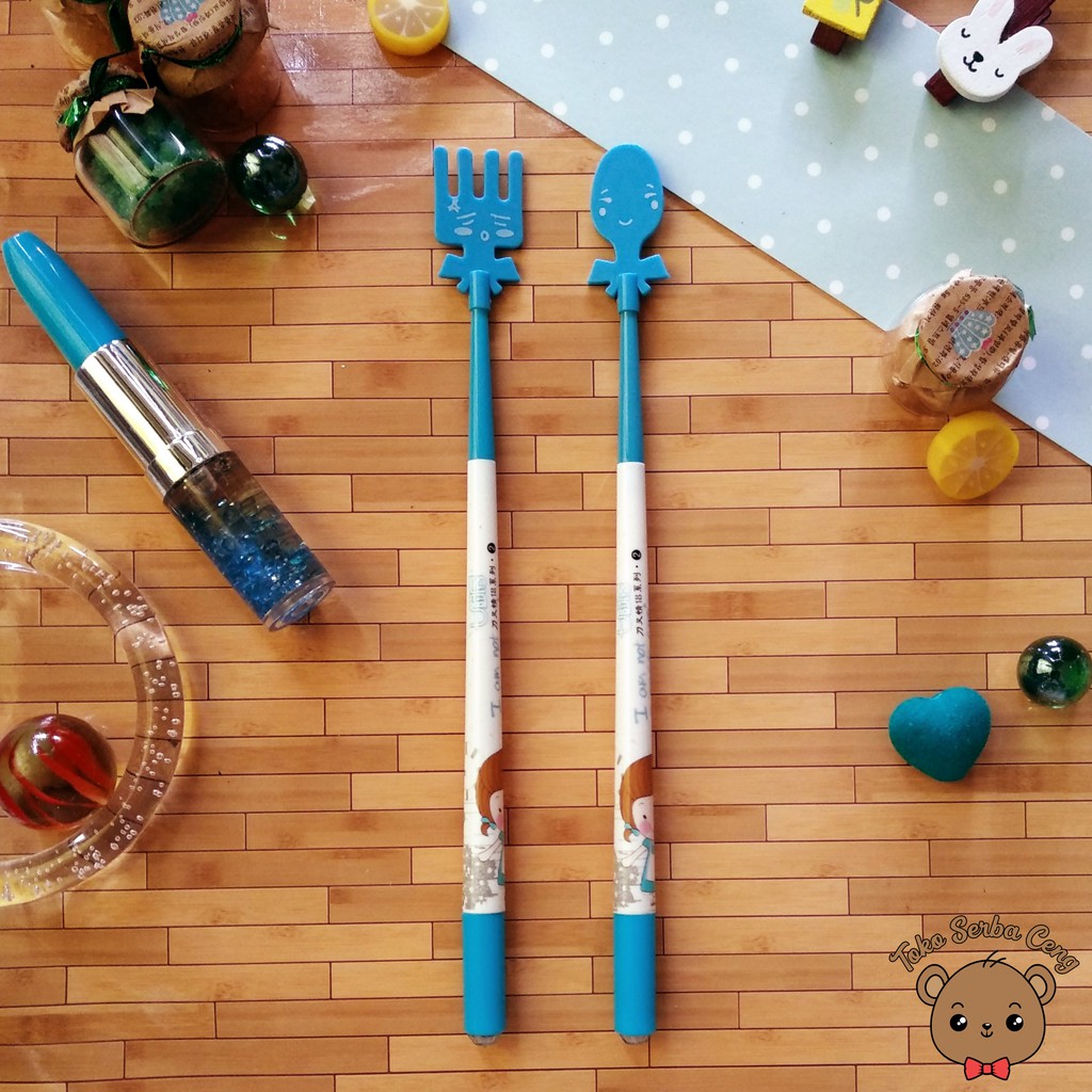 

Pulpen Gel Sendok Garpu Kartun Emoticon Lucu Unik Warna Biru