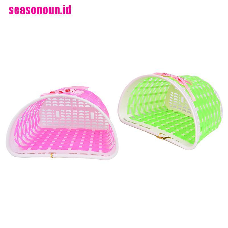 (seasonoun) 1pc Keranjang Depan Sepeda Anak Bahan Plastik Rajut Aksen Pita