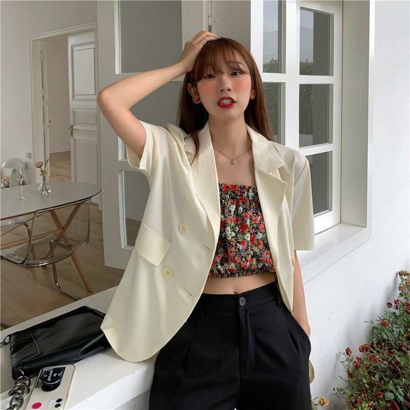 VS - PAMELA OUTWEAR BLAZER SOLID CARDI BASIC Wanita Lengan Pendek Longgar Korea kancing 4