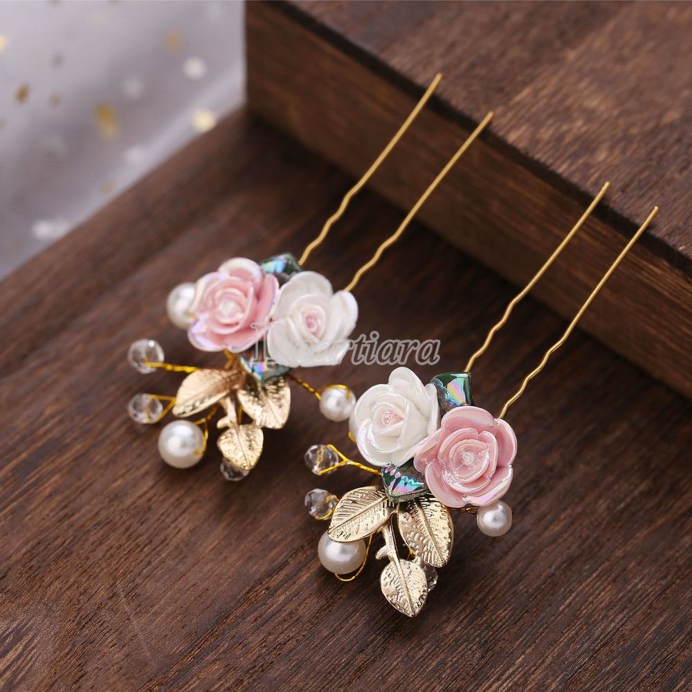 Ceramic Rose Flower Hairpin Handmade U-shaped Hairpin Headdress Bridal Accessories