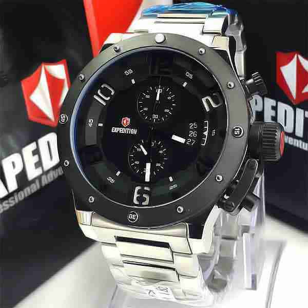 Terbatas Jam Tangan Pria Expedition EXP 6381 Original Rantai Silver Plat hitam Murah