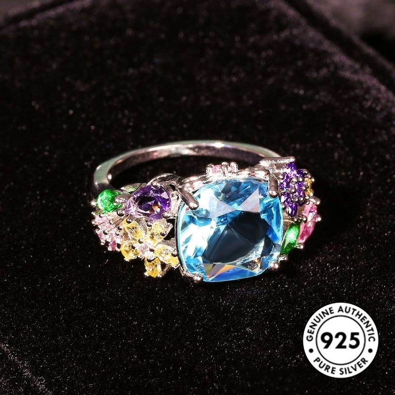 Cincin Silver S925 Aksen Batu Permata Bentuk Persegi Warna-Warni