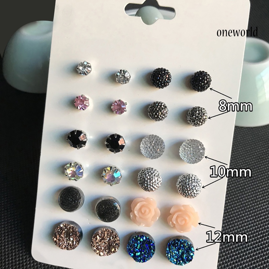 OW@ 12 Pairs Ear Studs Simple Wear-resistant Women Round Rhinestone Flower Earrings Set for Party