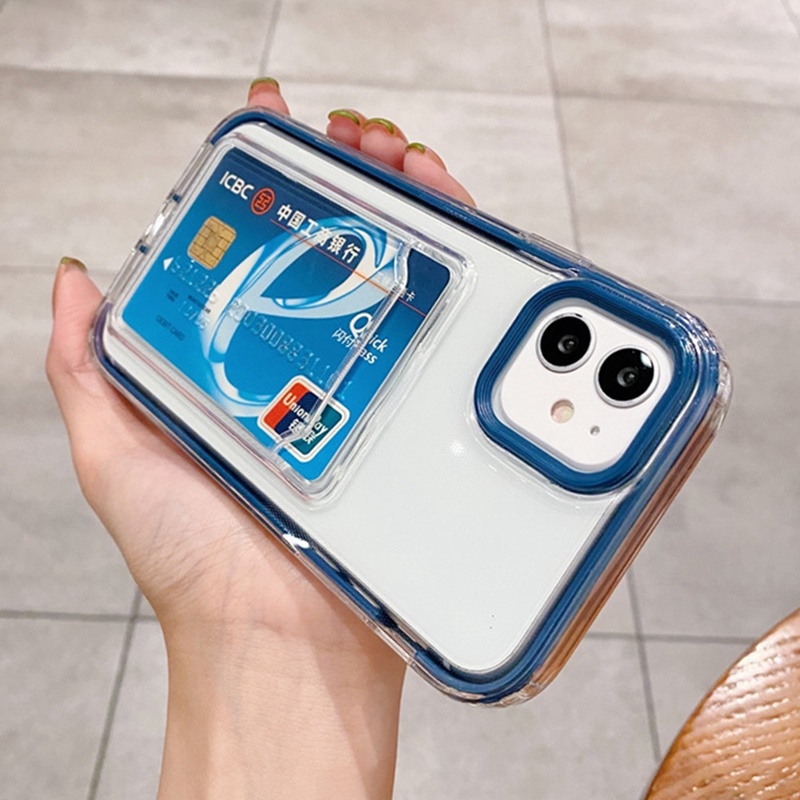IPHONE Casing Ponsel 3in1 Warna Permen Kompatibel Dengan Iphone14 11 12 13 Pro Max XR XS Max X7 8 6s 6 Plus 14Plus SE Casing Ponsel Slot Kartu Armor Mewah Transparan Tahan Guncangan