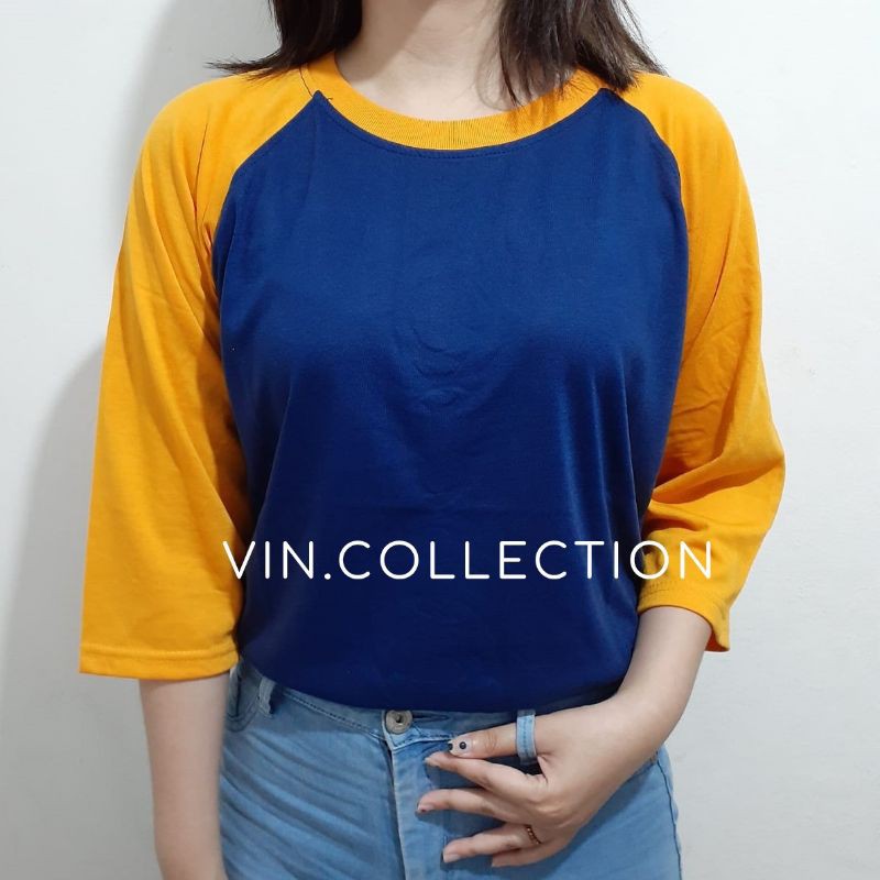 Kaos polos raglan 3/4 pria wanita - biru dongker kombinasi kunyit