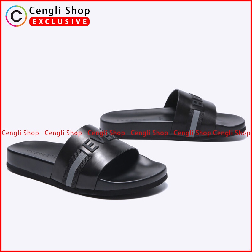 SANDAL KULIT EVERBEST PRIA ORIGINAL SLIDE CASUAL BRANDED HITAM EM25