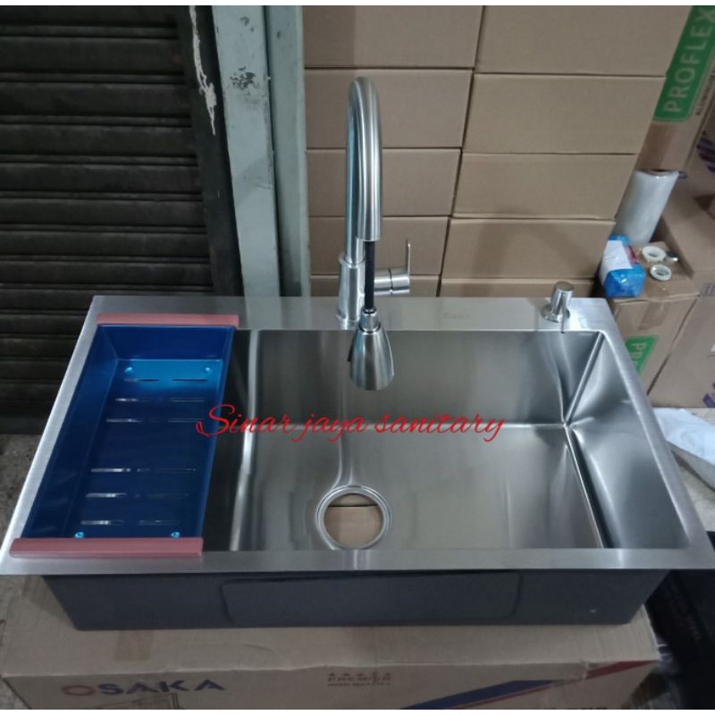 Paket kitchen sink 8050 kran tarik panas dingin stainless / Paket bak cuci piring satu lobang 8050