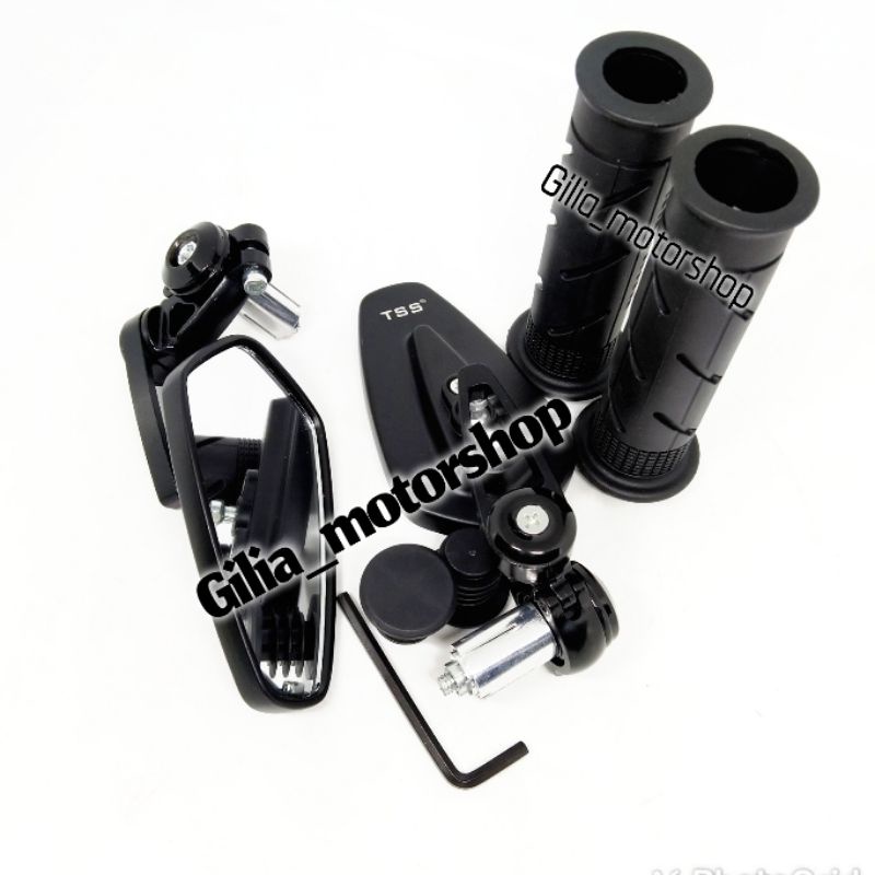 (Paket) Spion Jalu Oval Mirror Putih Plus Handgrip Handfat Garis Black Edition Universal Motor