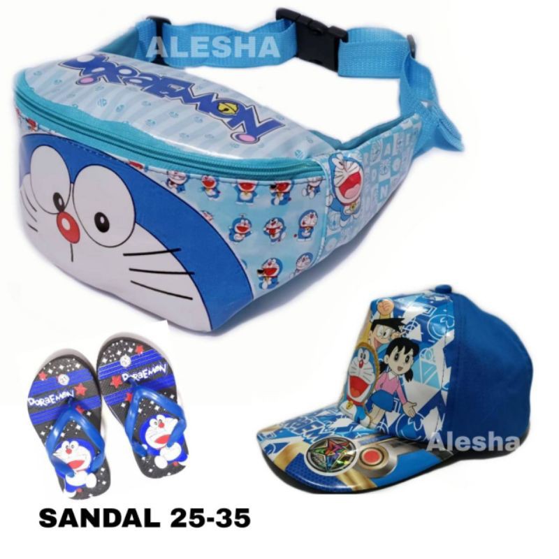 PAKET HEMAT 3IN1 TAS WAISTBAG ANAK + TOPI DAN SANDAL KARAKTER