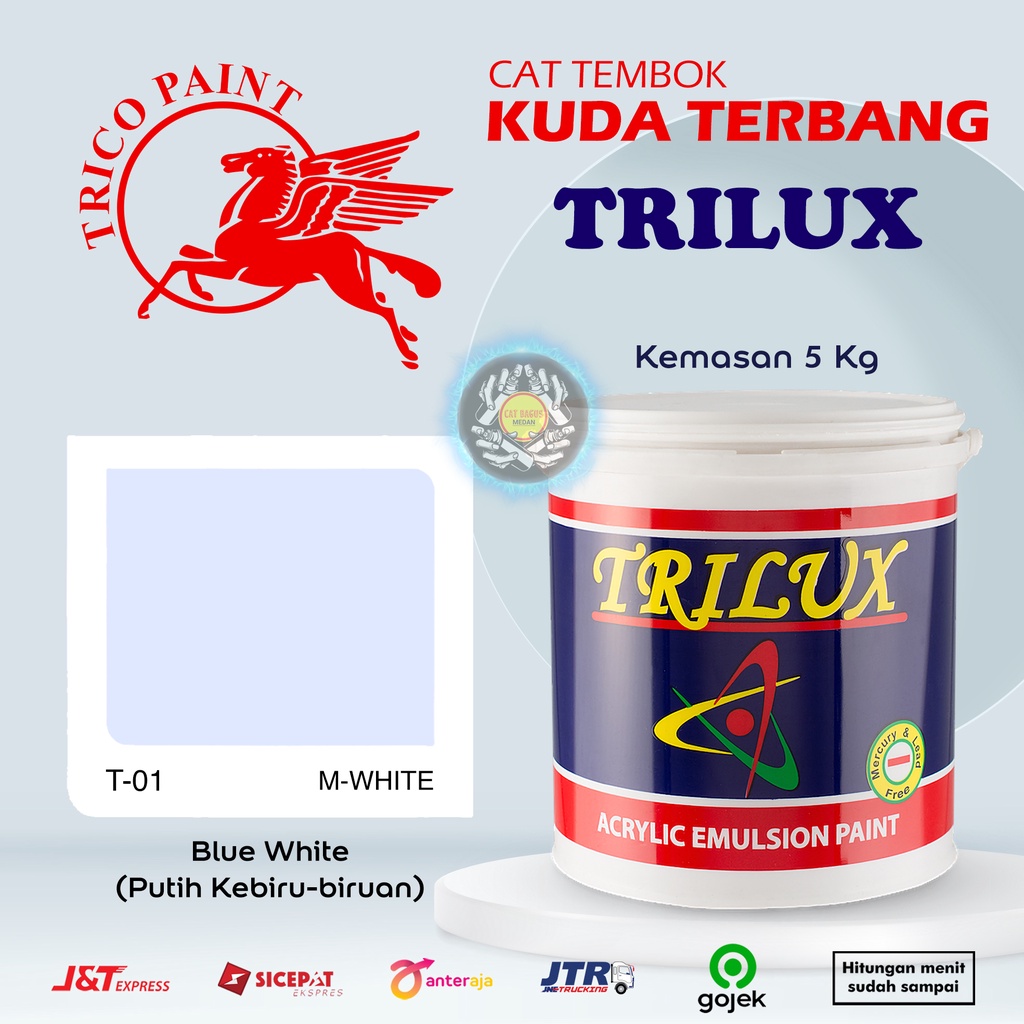 CAT AIR CAT TEMBOK DINDING TRILUX KUDA TERBANG 5 KG WARNA T-01 M-WHITE T01 M WHITE BLUE WHITE PUTIH 