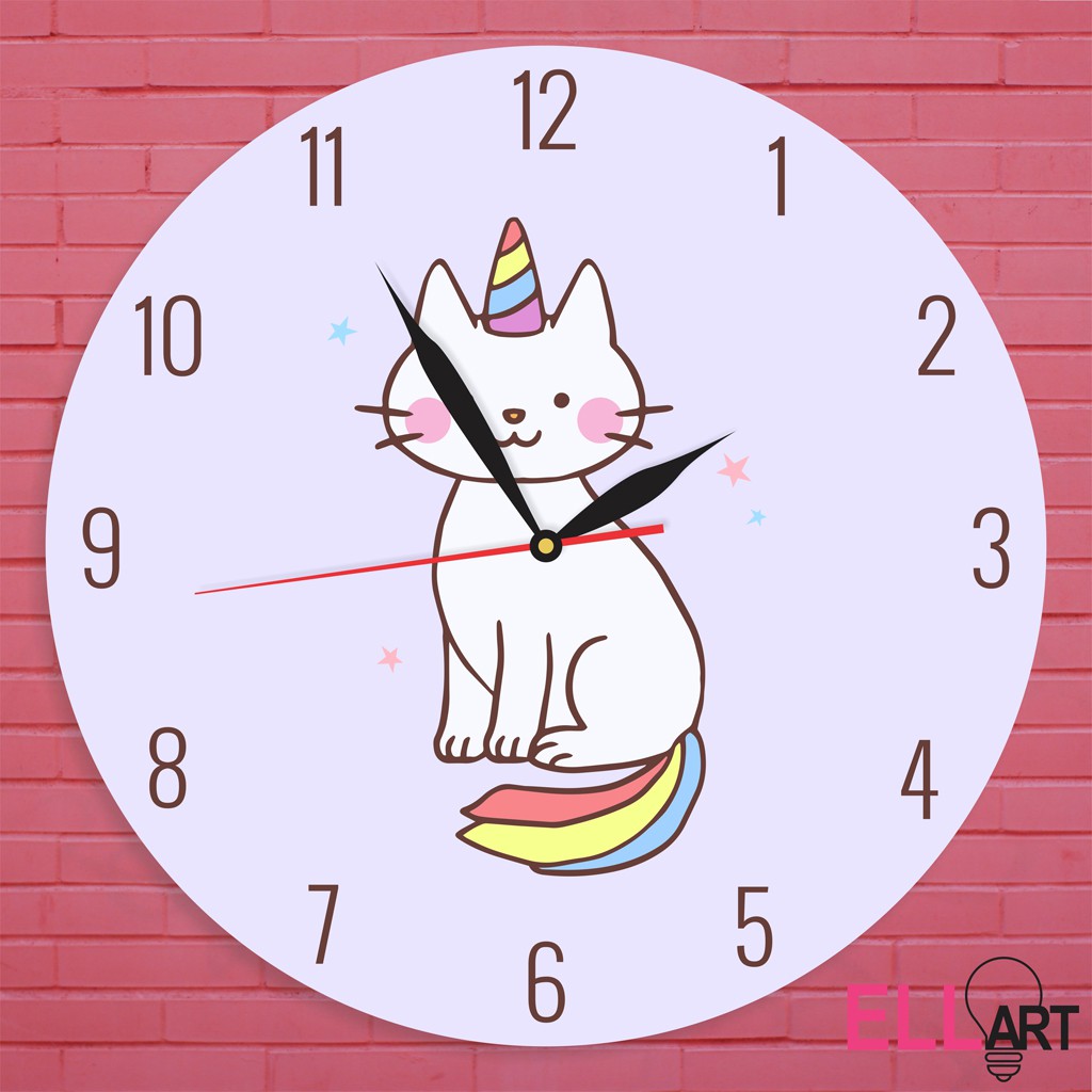 Jam Dinding Unik Unicorn Cat Cantik Pajangan Wall Decor Kucing Shabby Chic Lucu