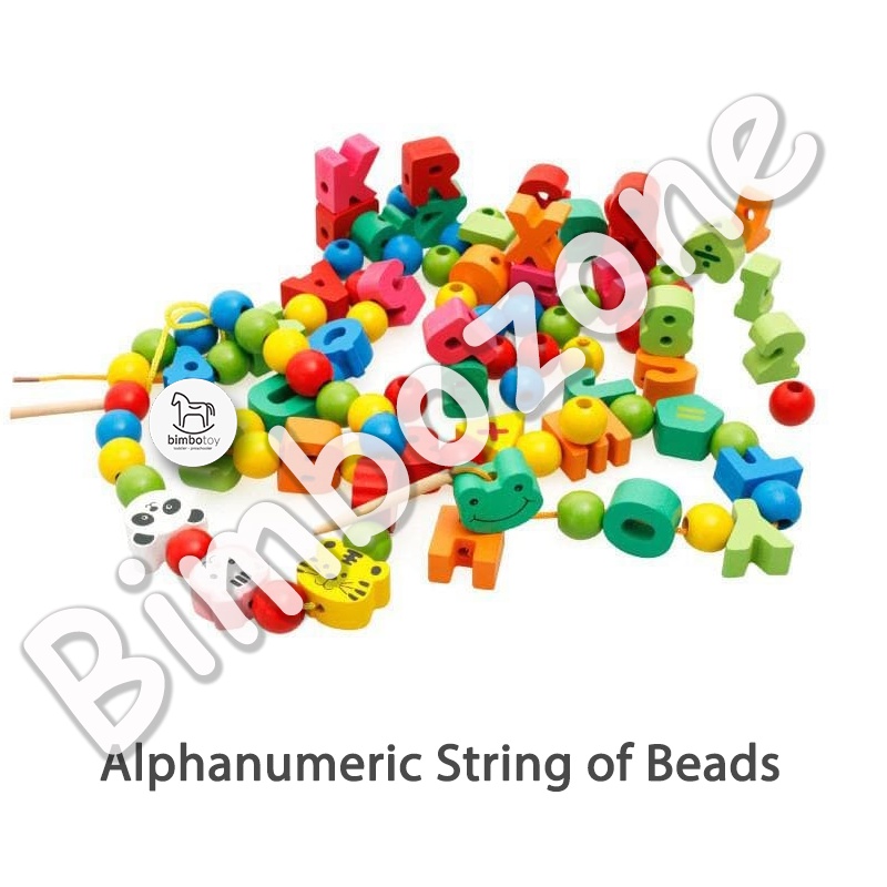 Bimbozone - Mainan Kayu Mainan Edukasi Mainan Anak Menjahit Meronce Lacing Beads 70 pcs set - ALPHANUMERIC STRING OF BEADS