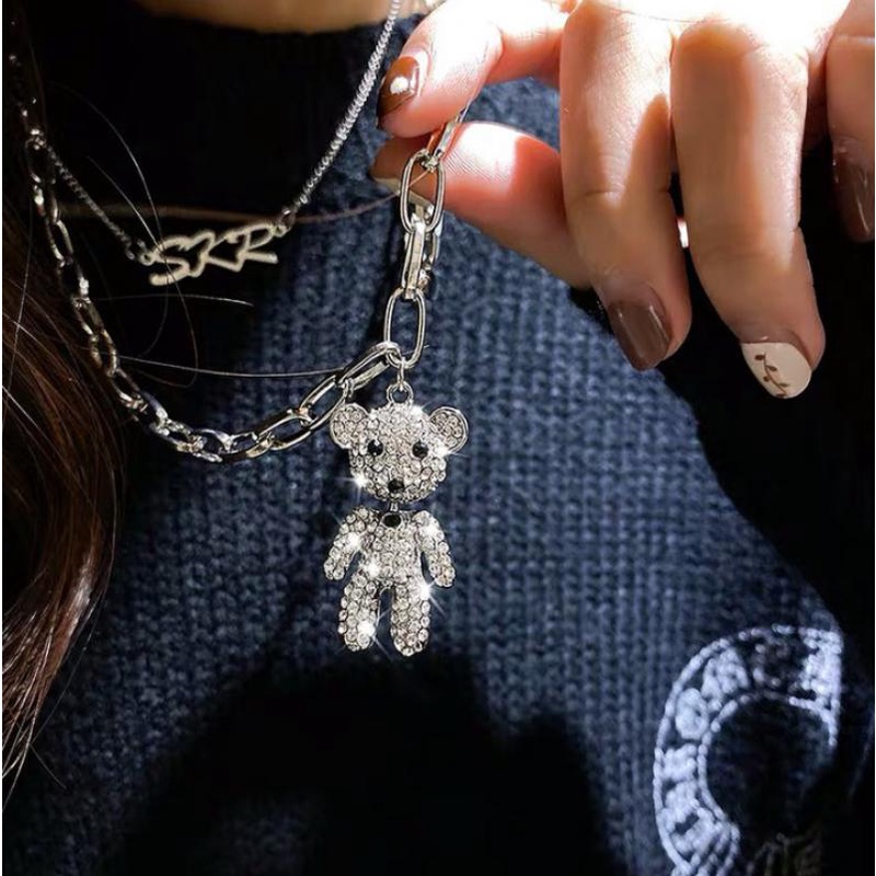 Kalung Rantai Panjang Dengan Liontin Beruang Ganda Aksen Berlian Imitasi