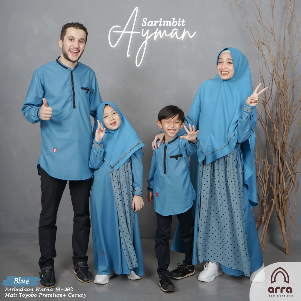 Baju Muslim Koko Kokoh Gamis Hijab Syari Sarimbit Ayman  Keluarga Couple Ayah Ibu Ibu dan Anak Remaja Orang Tua Setelan Lengan Panjang Modern Kekinian Import Dewasa Jumbo Pria Laki Laki Wanita Perempuan Warna Biru Terbaru Lebaran 2022 SRBT12