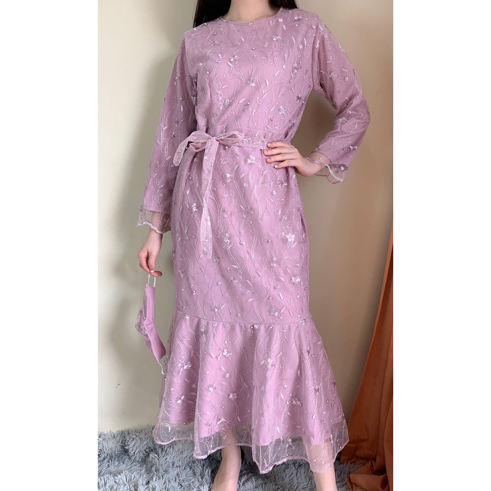 Ken-237 Busana Gamis Long Dress kondangan Muslim Hijab Wanita Dress Pesta Korean Look Model Duyung Premium Full Tulle High Quality-Lilac