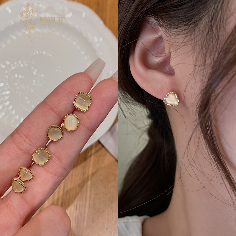 6pcs / Set Anting Stud Bentuk Opal Geometris Bahan S925 Silver Gaya Vintage Untuk Wanita