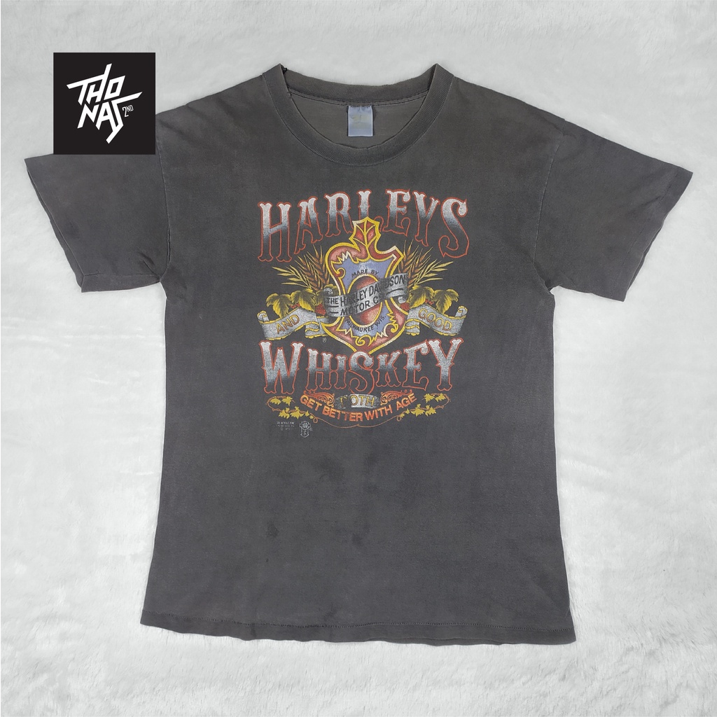 kaos Vintage 80s Harley Davidson Harleys Whiskey 3D Emblem L