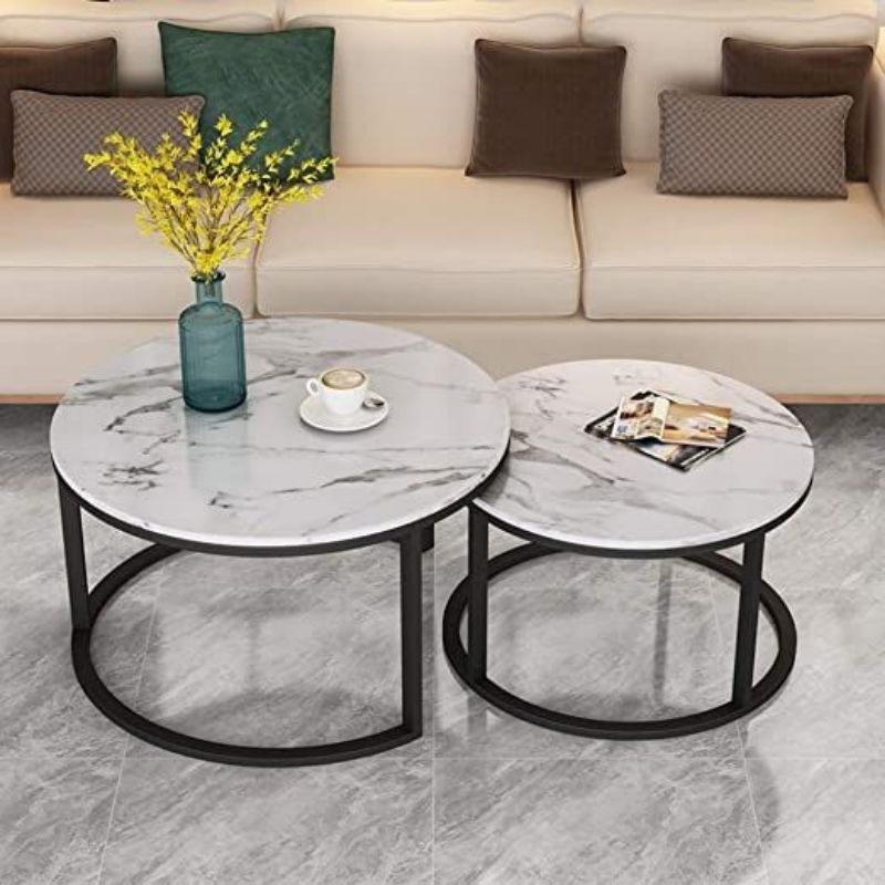 Set Meja Ruang Tamu Couple / Meja Tamu Minimalis / Meja Industrial Motif Marmer Marble / Meja Tamu Bulat / Meja Kopi-1