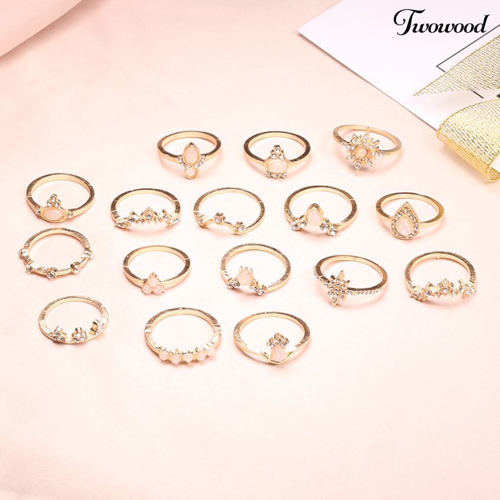 16pcs / Set Cincin Knuckle Bentuk Mahkota Aksen Berlian Imitasi Bahan Alloy Stackable Gaya Bohemia