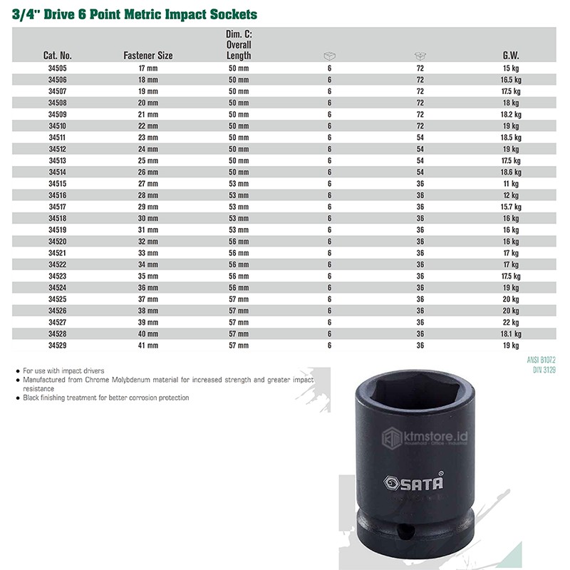 SATA TOOLS Socket Impact 3/4 INCH 18 MM 34518