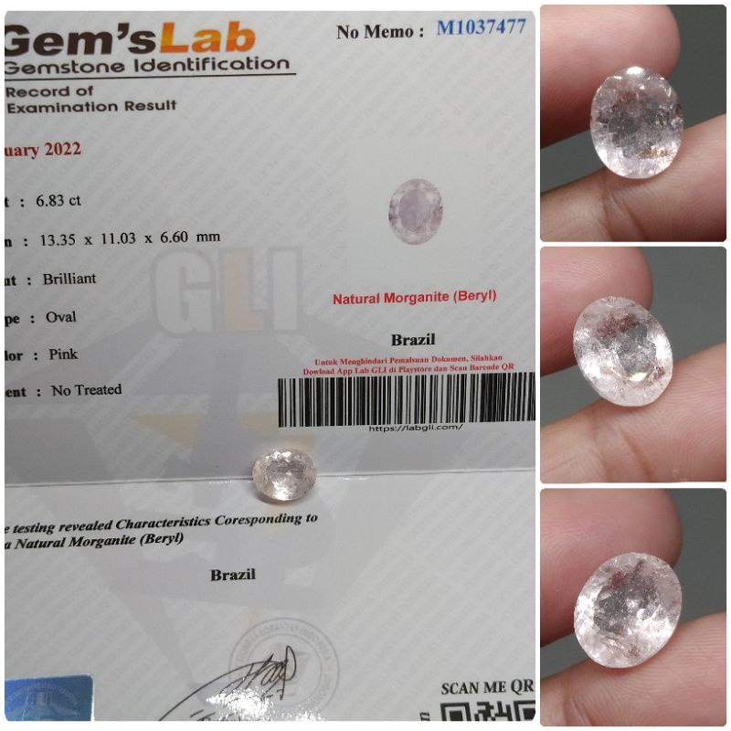 NATURAL Light Pink Morganite Beryl 6 ct up certified memo GLI