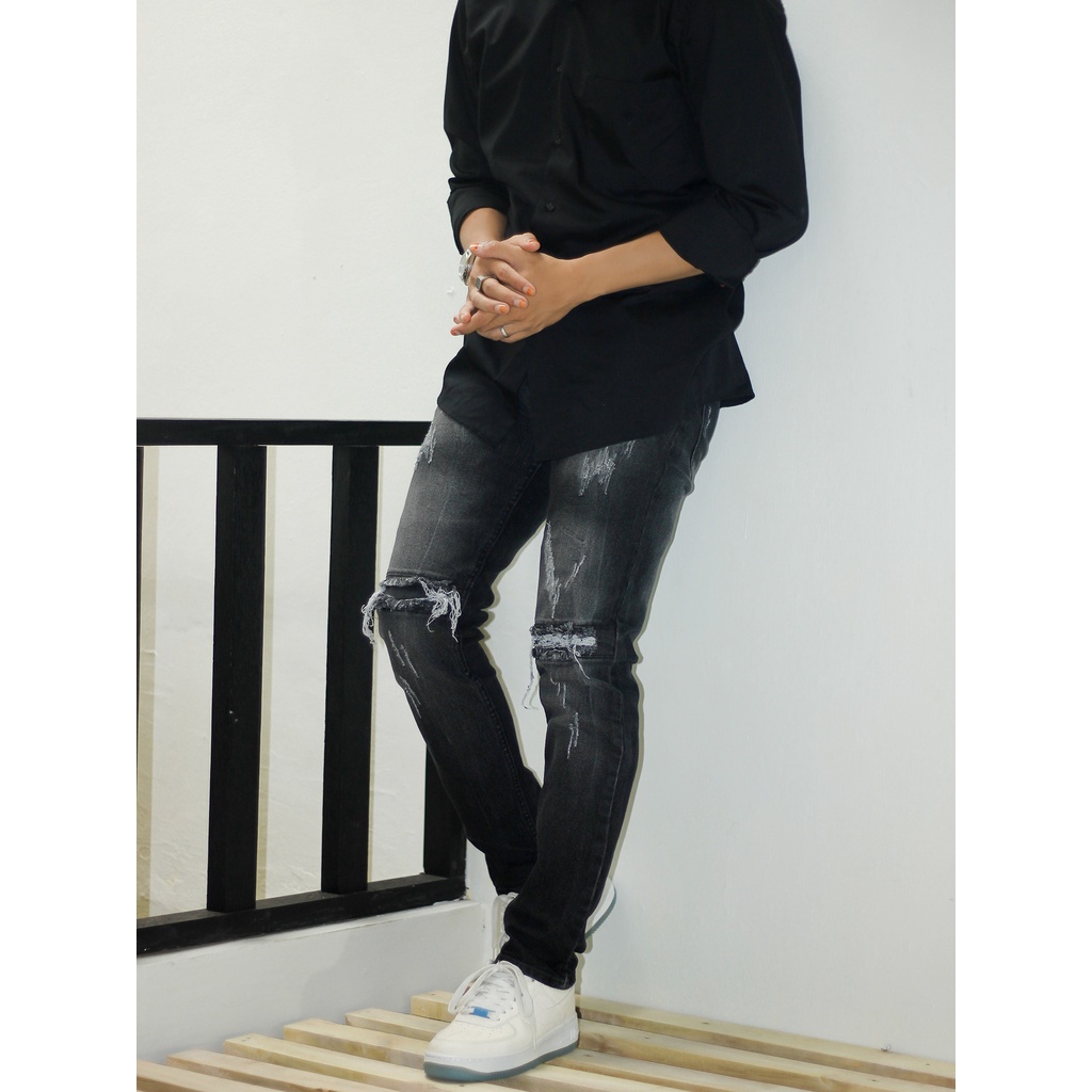 GEVAR Celana Jeans Scrub Ripped Sobek Blackwash