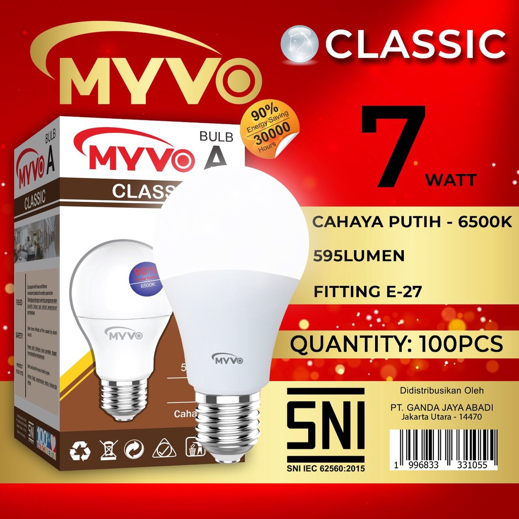 Lampu Led 7watt Myvo Classic A Bulb Cahaya Putih Bergaransi