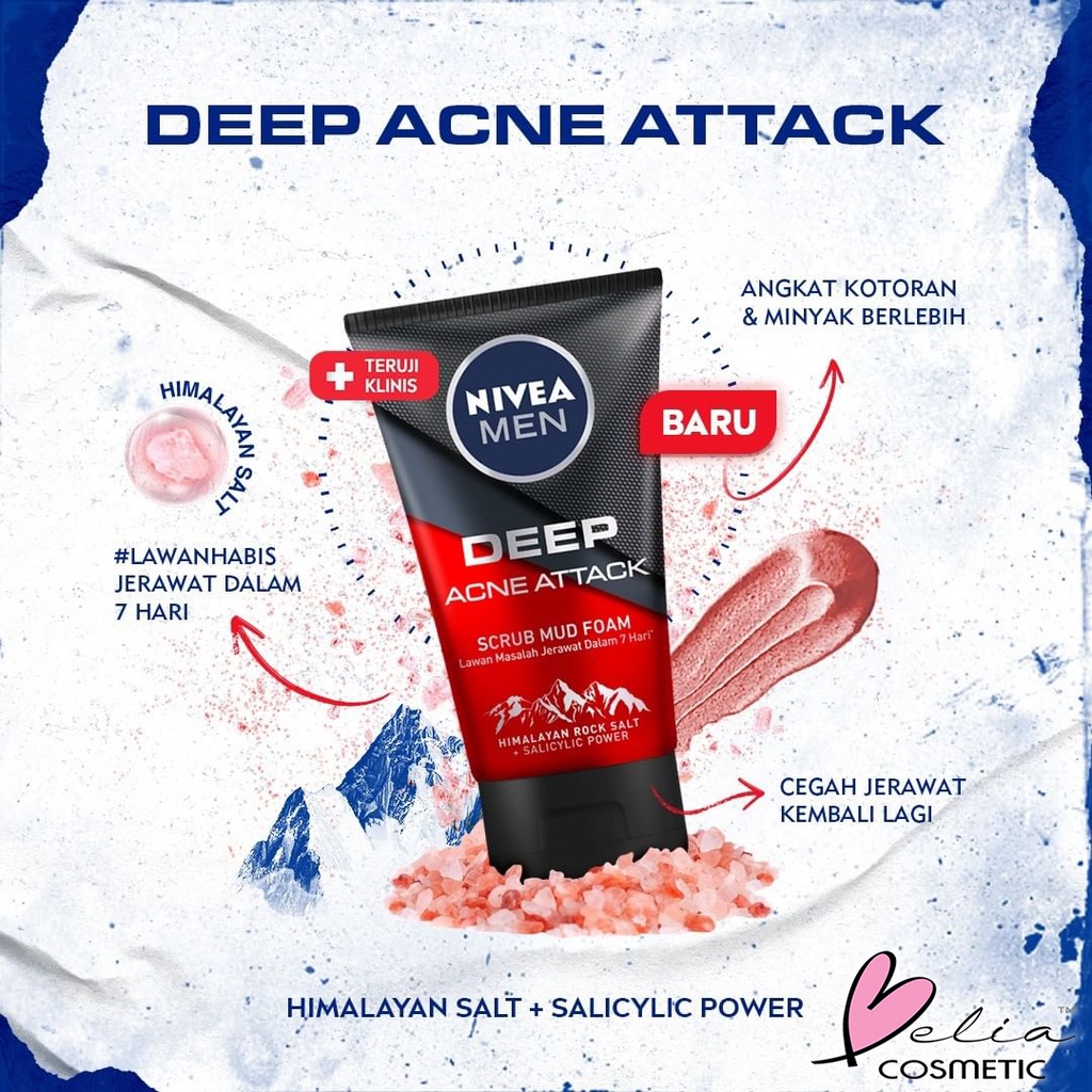 ❤ BELIA ❤ NIVEA MEN Deep Acne Attack 100ml | Scrub Mud Foam | Facial Wash | Facial Foam | BPOM