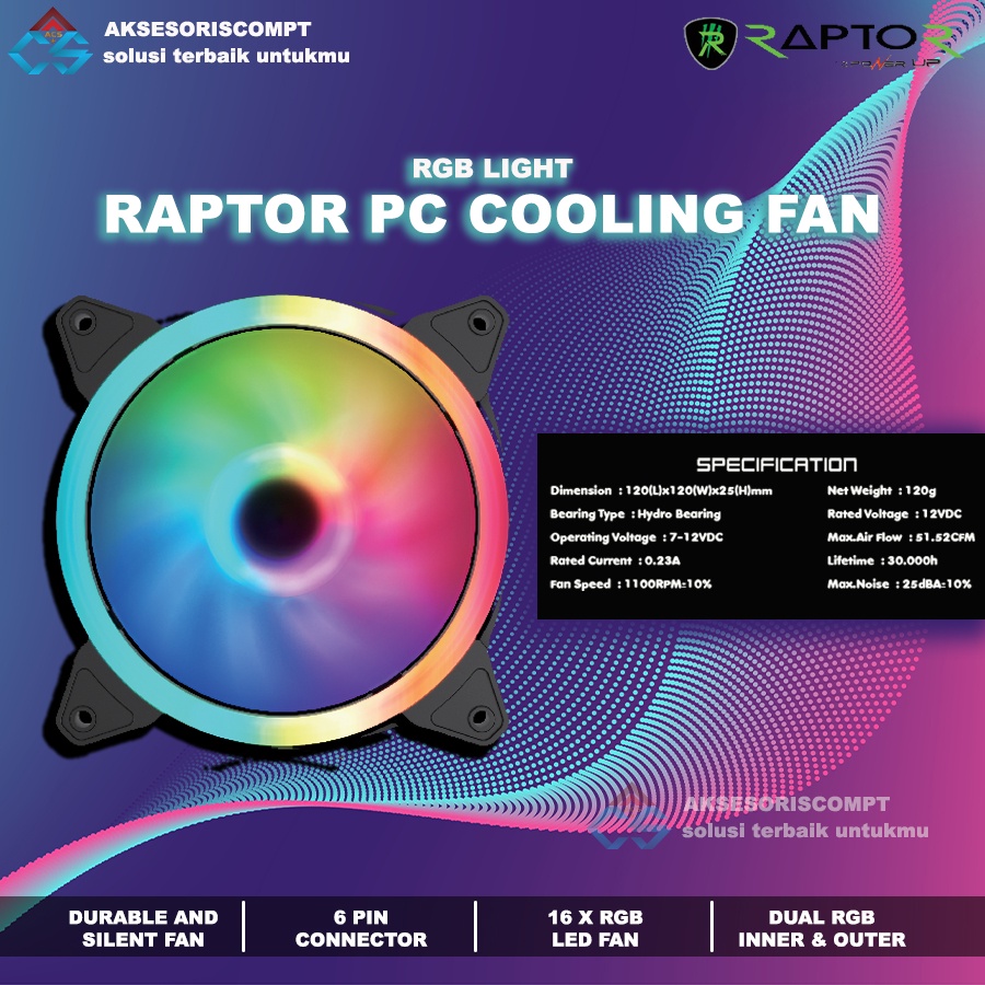 Fan Casing Gaming 12cm LED Auto Dual RGB RAPTOR FAN Silent 16 Colour