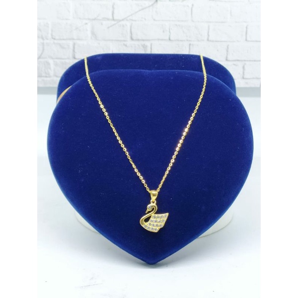 KALUNG PERAK ASLI SILVER 925 LAPIS EMAS/KALUNG RANTAI NORI VENSY KECIL+LIONTIN SWAN MATA PUTIH/ASLI SILVER/FASHION WANITA