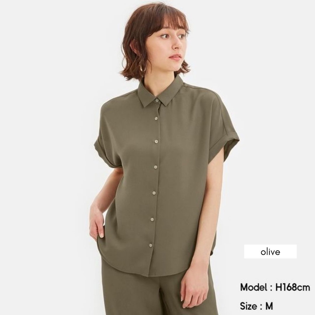 GU Uniqlo Airy Blouse - Shortsleeve Blouse Wanita Casual Original-Olive