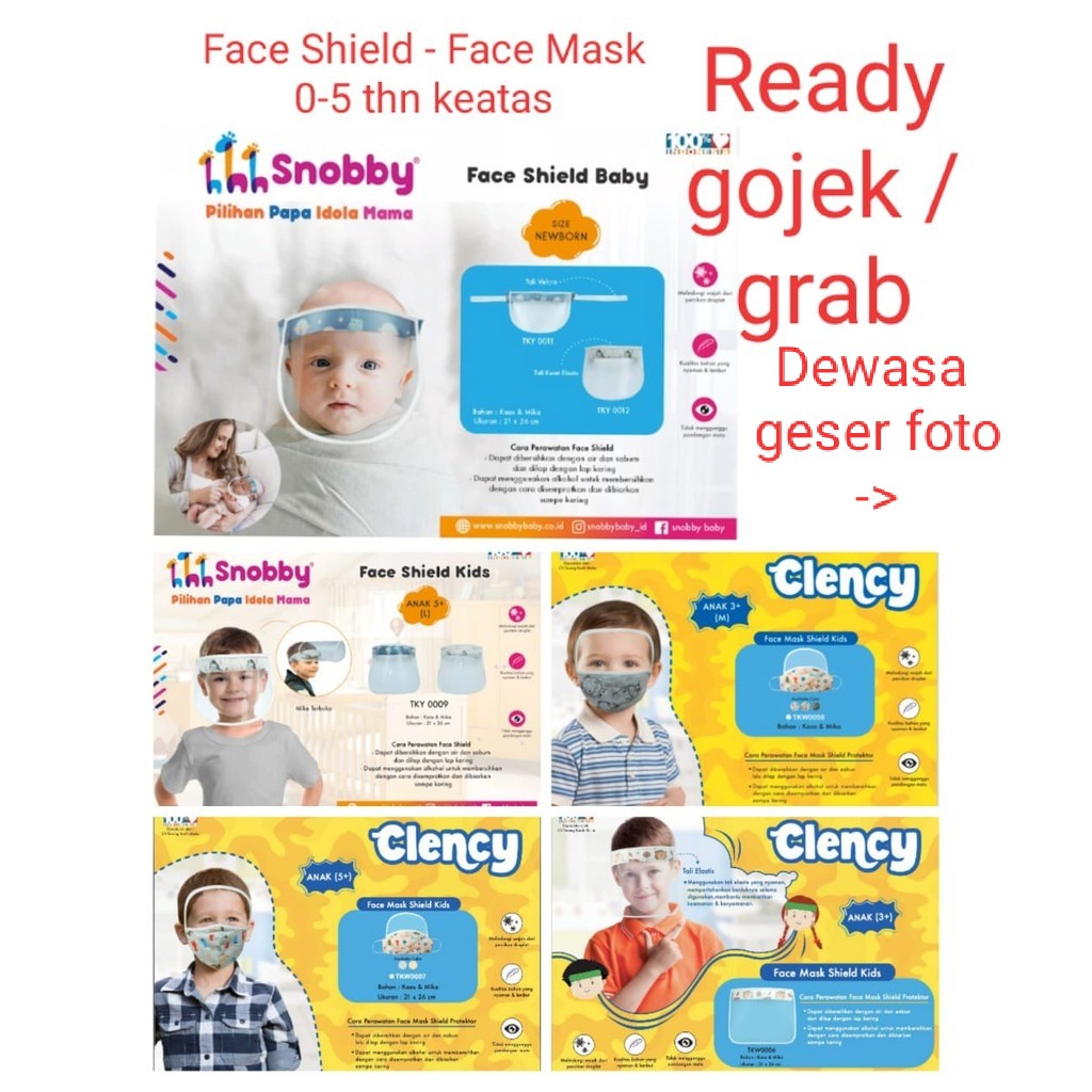 FACE SHIELD BAYI KIDS / ANAK / TOODLER / DEWASA SNOBBY / CLENCY / TOPI FACE SHIELD