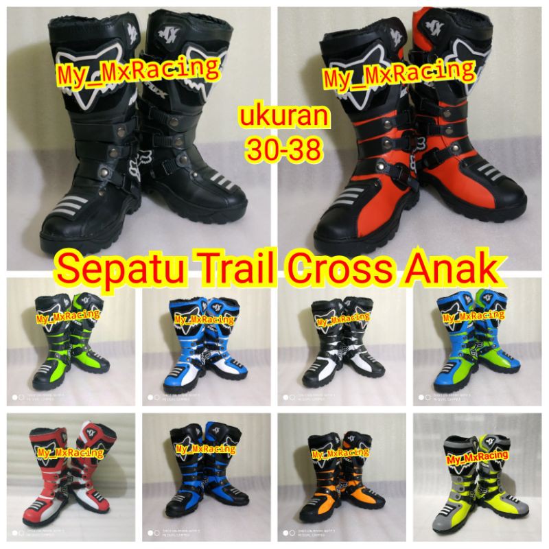 satu set perlengkapan trail anak helm+google+jerset+sepatu+glove