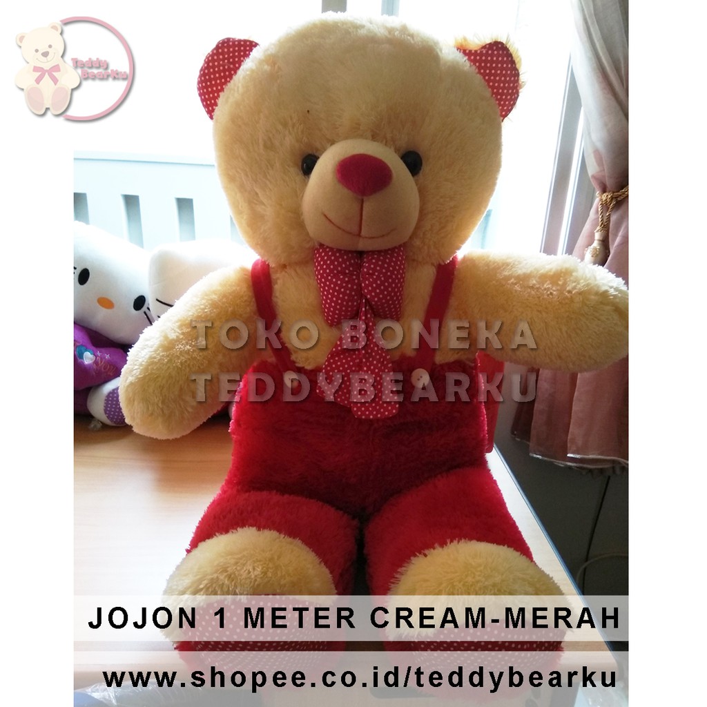 TEDDY BEAR JUMBO 1 METER POLKADOT JOJON LUCU SUPER LANGKA CREAM-MERAH