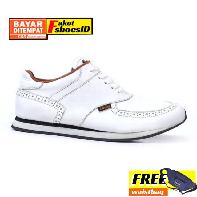 ERZA WHITE | Sepatu Pria Sneakers tali kulit asli keren Santai Kasual gratis tas selempang
