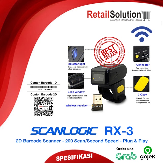 Barcode Scanner Wireless 2D Cincin Ring - Scanlogic RX3 / RX-3