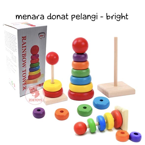 Zoetoys Menara Geometri Donat Pelangi | Ring Rainbow Tower | Menara Pelangi Kayu | Mainan Edukasi Anak