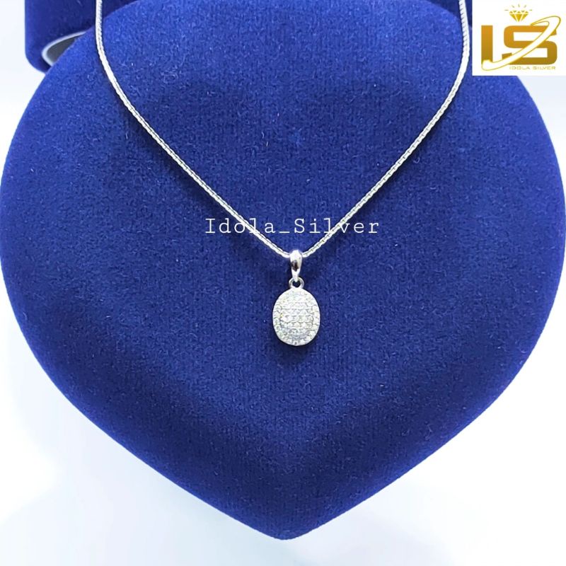 KALUNG PERAK ASLI SILVER WANITA 925 LAPIS EMAS PUTIH MODEL LIONTIN OVAL PERMATA KELILING FULL KECIL - PERHIASAN PERAK WANITA ASLI