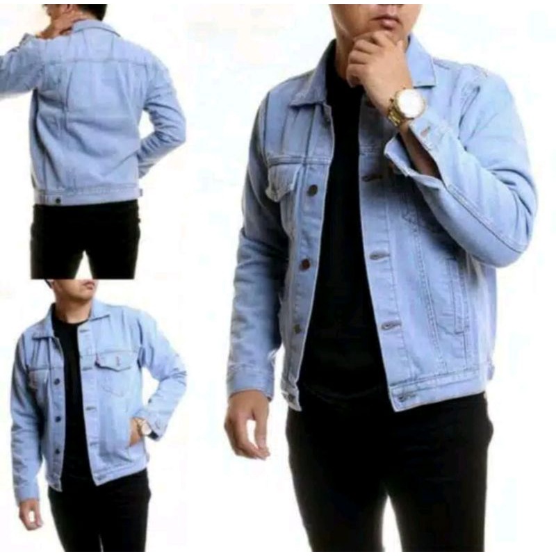 Jaket jeans pria biru muda model trucker